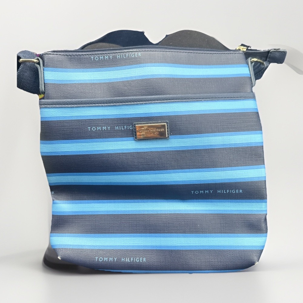 TOMMY HILFIGER Blue Striped Round Logo VINYL CROSSBODY HAND‎ BAG